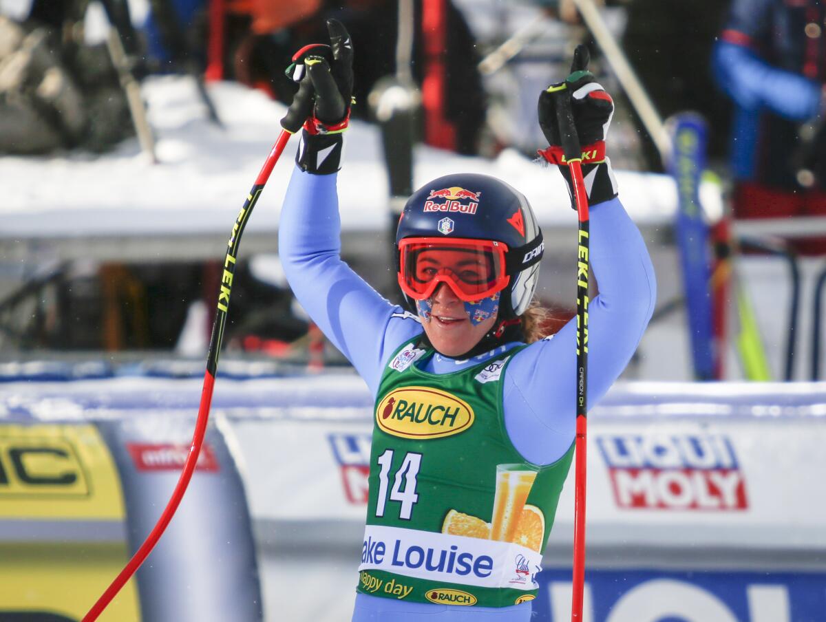 Italy's Sofia Goggia reacts in the finish area following her run in the women's World Cup Super-G ski race at Lake Louise, Alberta, on Sunday, Dec. 5, 2021. (Frank Gunn/The Canadian Press via AP)