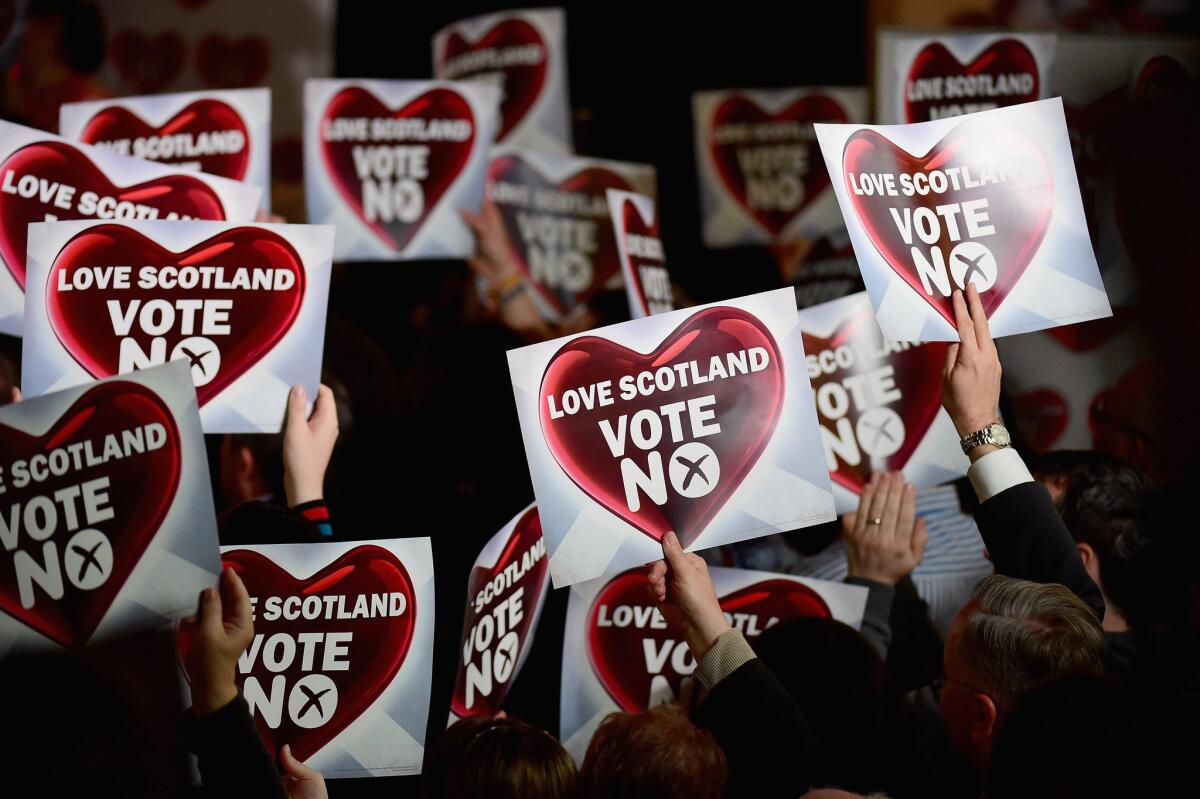 "No" supporters attend a rally in Glasgow, Scotland.