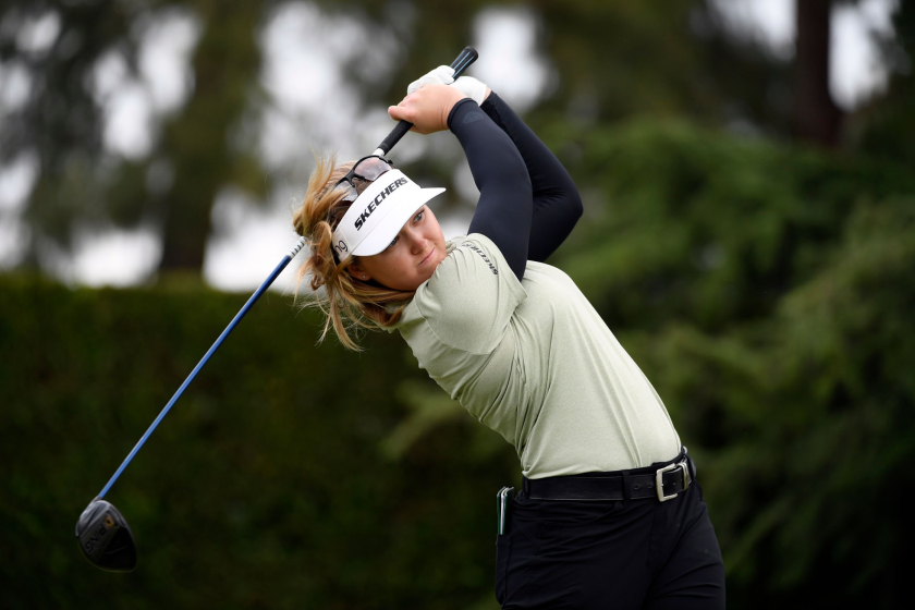 Brooke Henderson hits off the second tee during the final round of the HUGEL Air Premia LA Open on April 24, 2021.