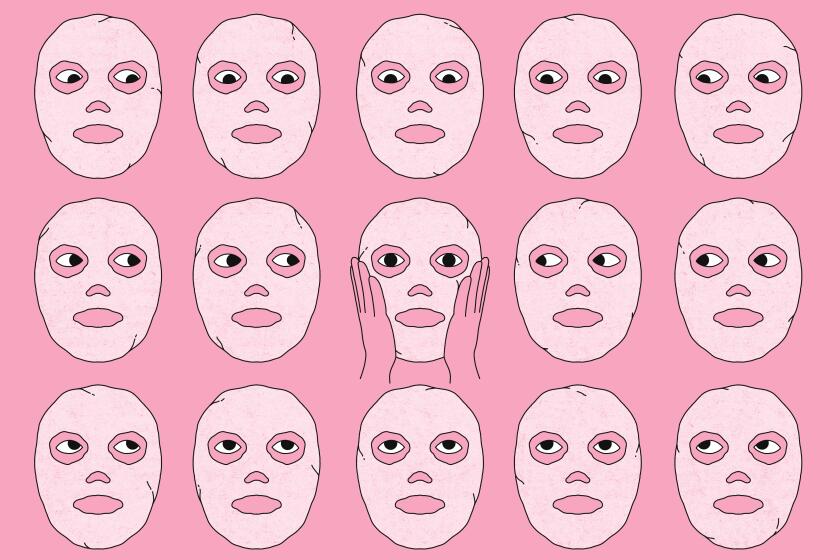 Illustration of a grid of faces wearing beauty masks and looking at each other.