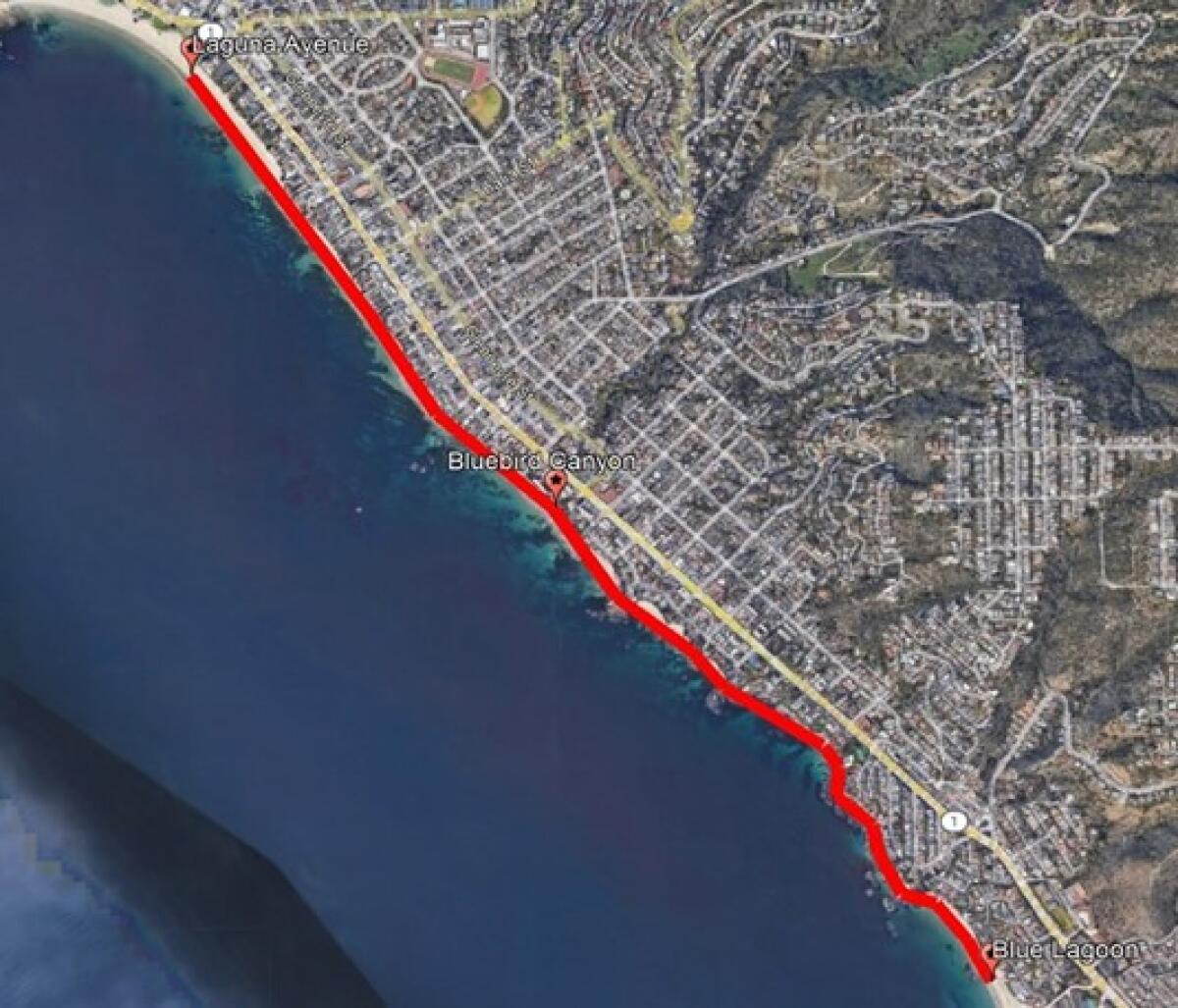 An aerial view of Laguna Beach with a red line showing closures