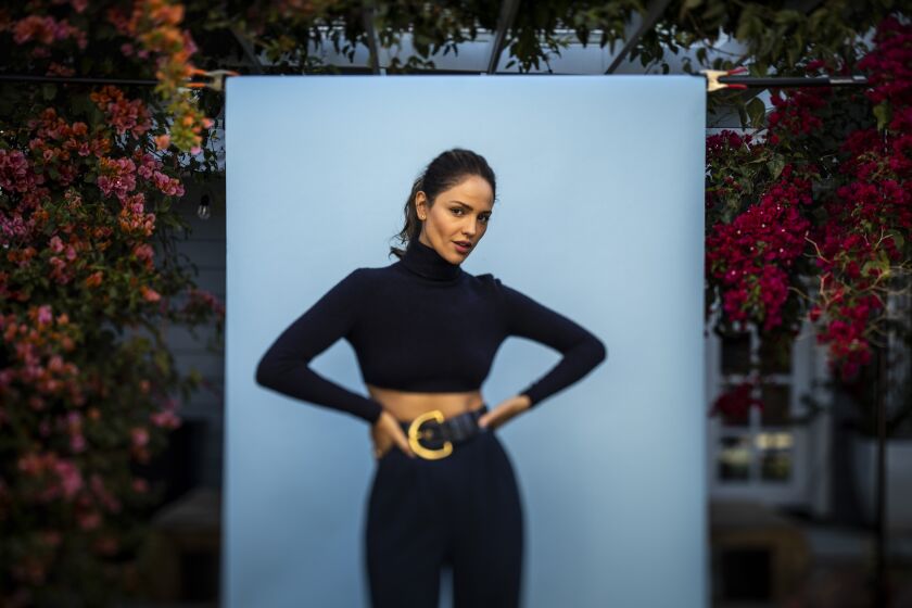 Sherman Oaks, CA - March 24: Actress Eiza Gonzalez is photorgraphed in the backyard of her Sherman Oaks, CA, home, on Wednesday, March 24, 2021. Gonzalez will be in the upcoming blockbuster, "Godzilla vs. Kong," and earlier this year, had a starring role alongside Rosamund Pike in Netflix's, "I Care A Lot." (Jay L. Clendenin / Los Angeles Times)