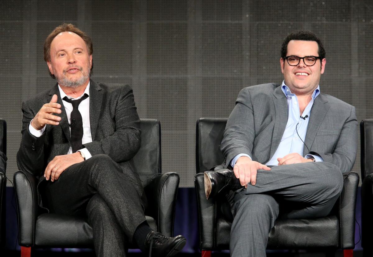 Billy Crystal, left, and Josh Gad, who star in "The Comedians," appeared on a panel Sunday during the Television Critics Assn. winter tour in Pasadena.