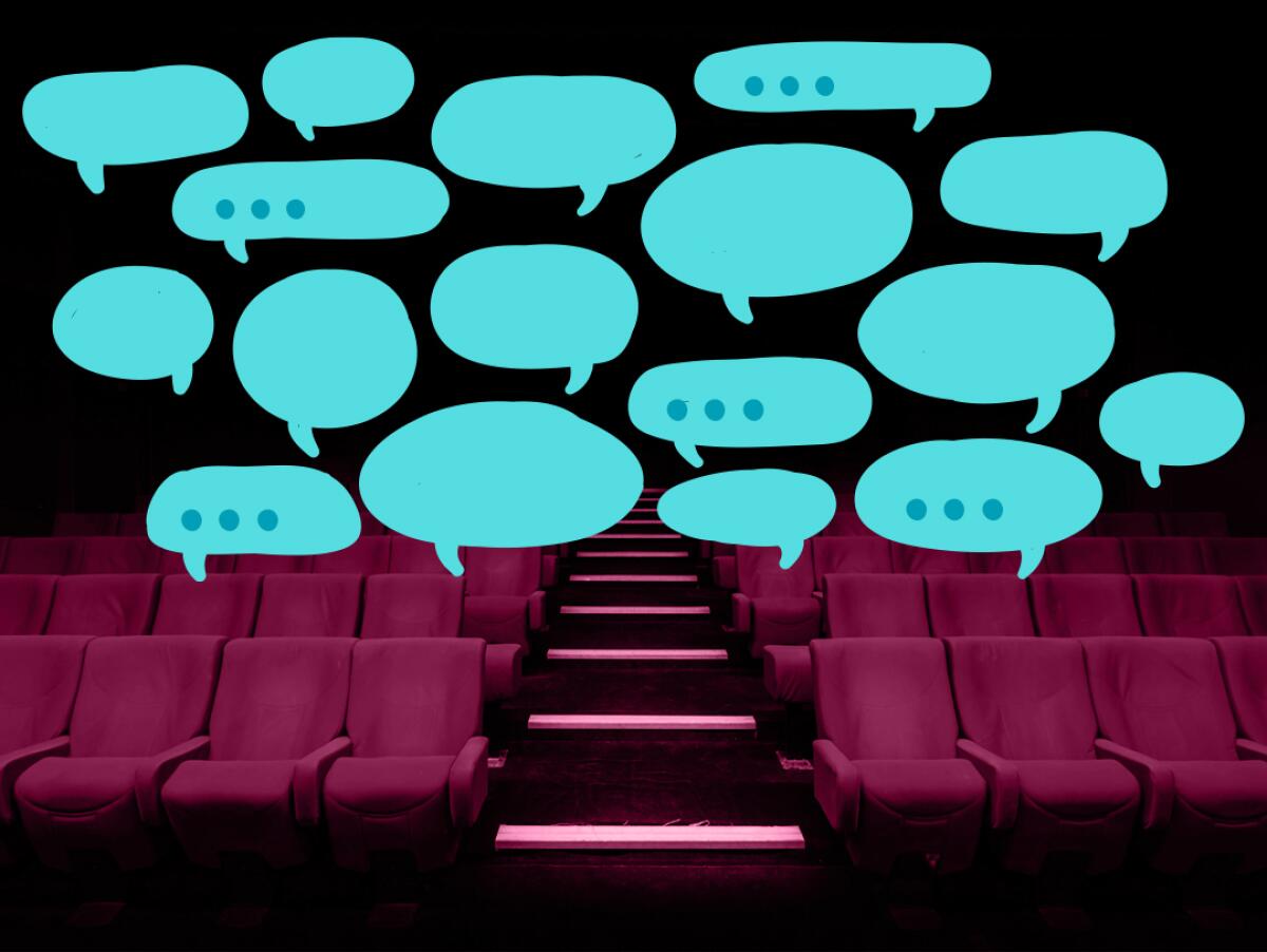 photo illustration of movie theater seats with chat bubbles overhead