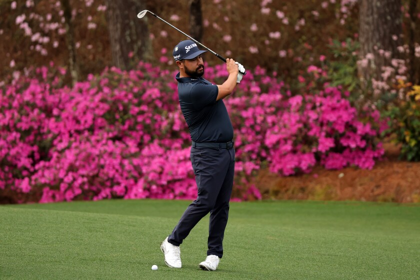 SDSU alum J. J. Spaun plays a shot on the 13th hole during a practice round prior to the Masters at Augusta National.