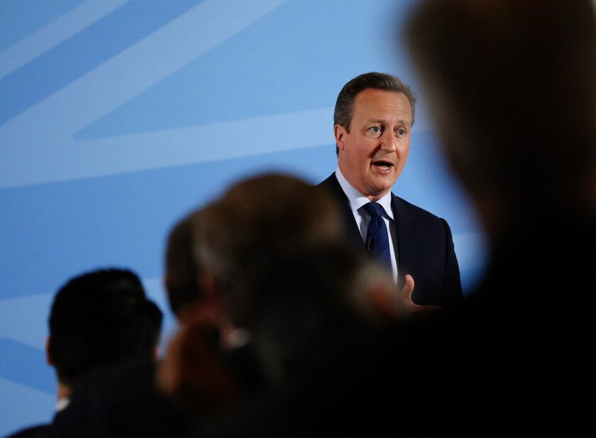 Britain's Prime Minister David Cameron addresses members of a World Economic Forum event focusing on Britain's EU referendum in London, Tuesday, May 17, 2016. (AP Photo/Frank Augstein, Pool)