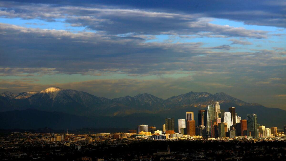 Clouds fill the sky over Los Angeles as seen from the Baldwin Hills Scenic Overlook.