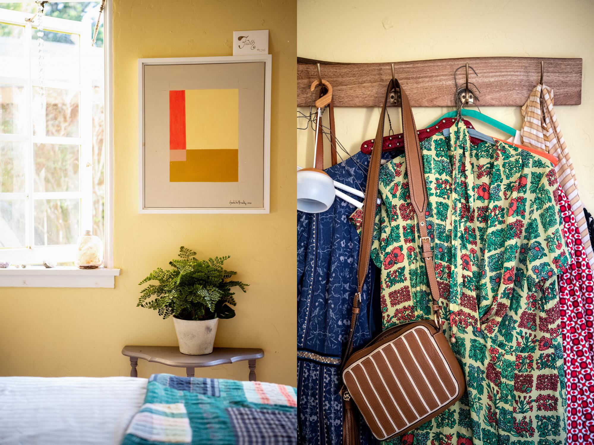 Two photos side by side, one of a window and a plant on a table, left, and a coatrack with clothing and a purse, right.