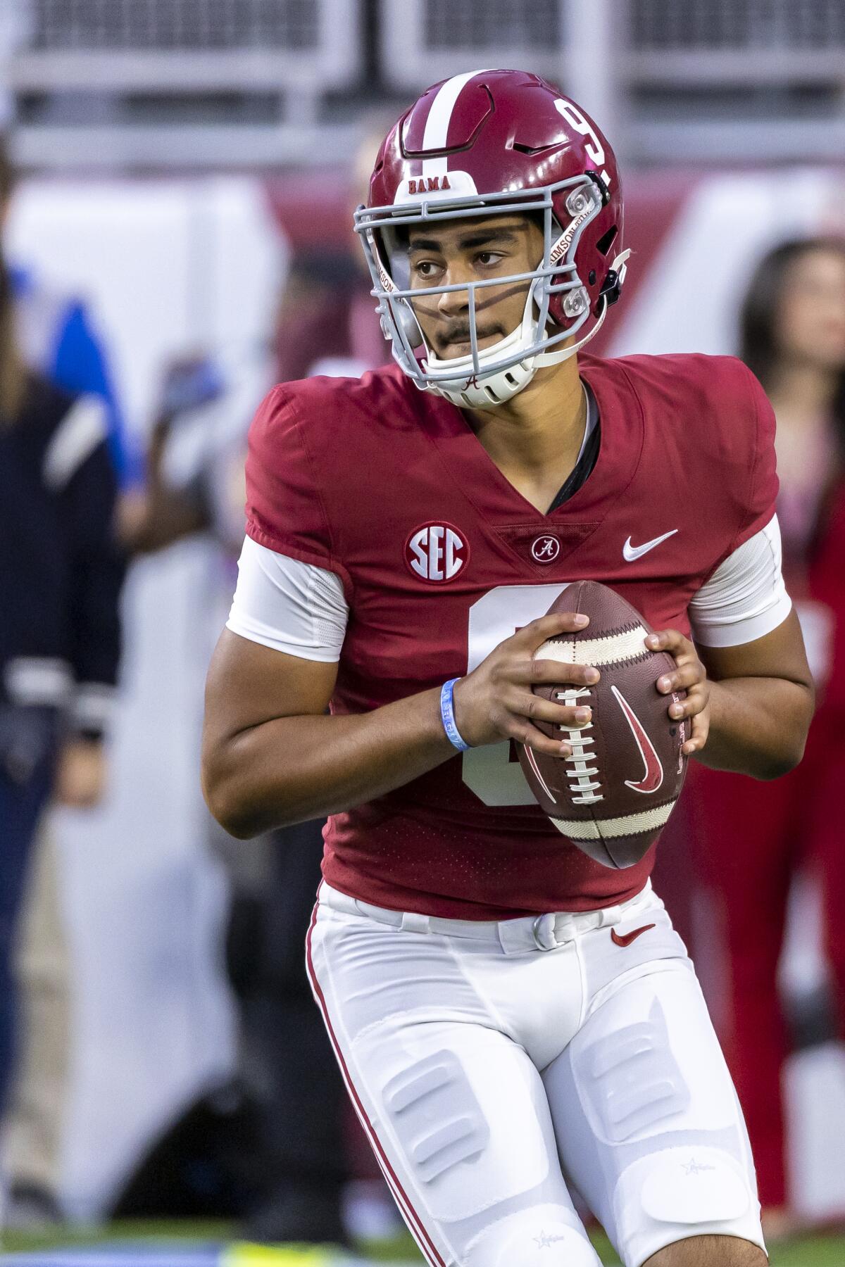 Alabama quarterback Bryce Young warms up before an NCAA college football game against Texas A&M, Saturday, Oct. 8, 2022, in Tuscaloosa, Ala. (AP Photo/Vasha Hunt)