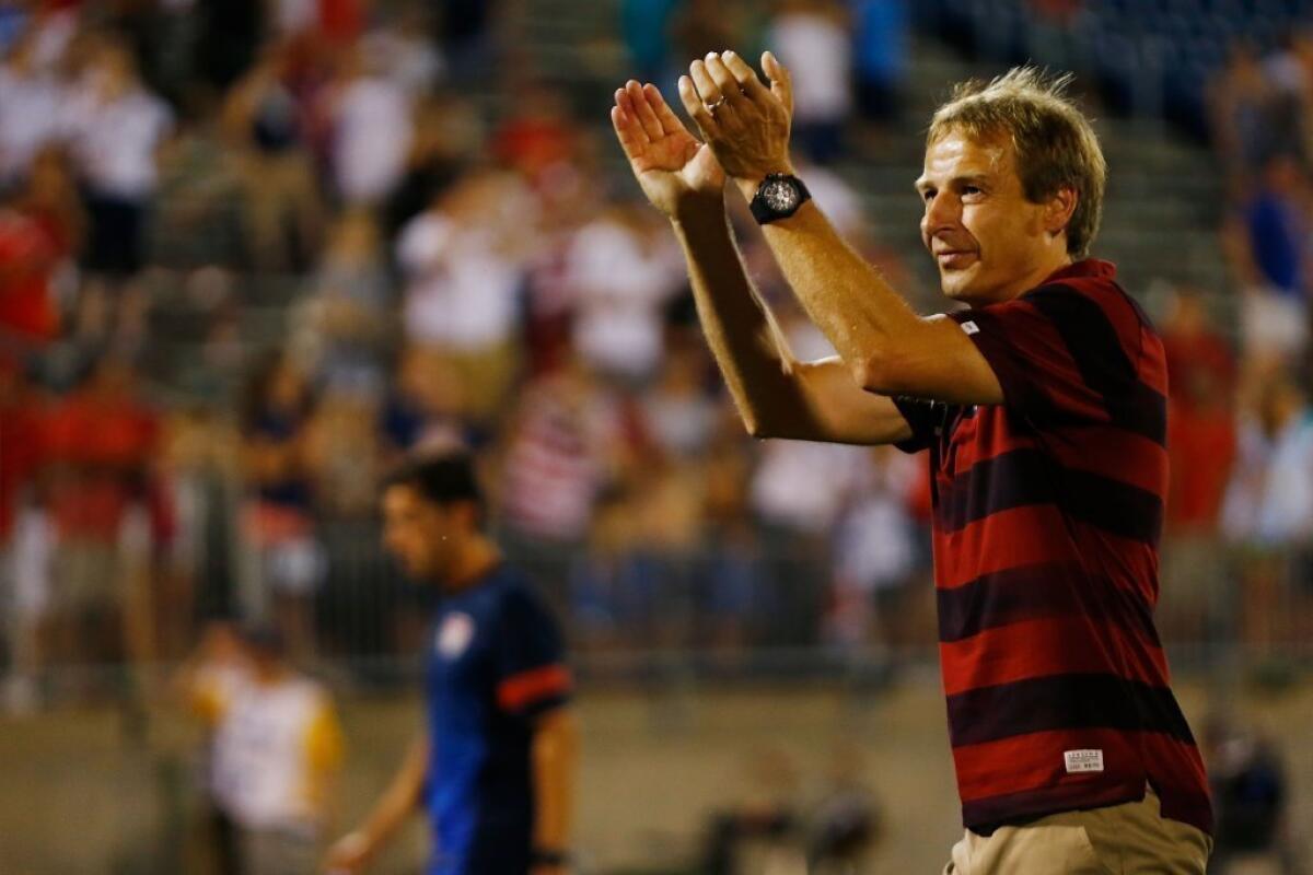 Jurgen Klinsmann thanks fans following the United States soccer team's 1-0 win over Costa Rica.