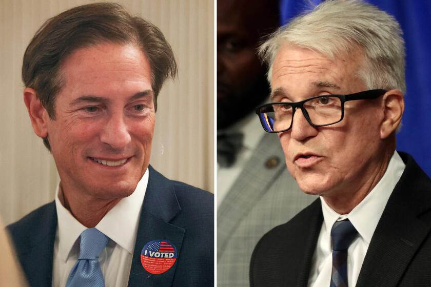 LEFT: DA Candidate Nathan Hochman talks to supporters during primary night at Luxe Hotel on Tuesday, March 5, 2024 in Los Angeles, CA. (Michael Blackshire / Los Angeles Times) RIGHT: Los Angeles District Attorney George Gascon announced Monday, August 19, 2024 .(Al Seib / For The Times)