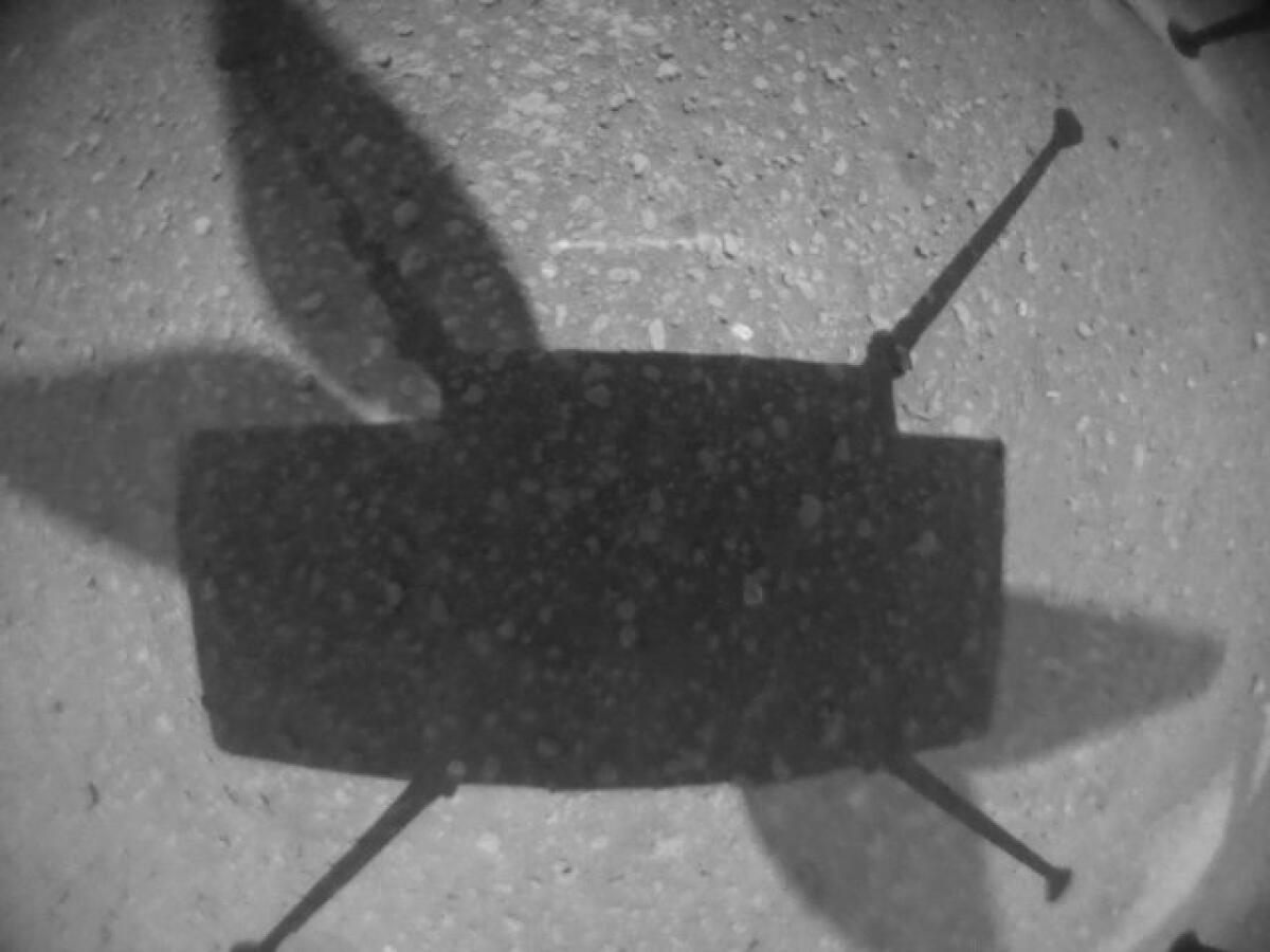 Ingenuity took this shot of its own shadow while hovering over the Martian surface during its first flight.