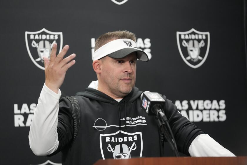 Las Vegas Raiders head coach Josh McDaniels addresses the media after the NFL football game against the Detroit Lions, Monday, Oct. 30, 2023, in Detroit. (AP Photo/Paul Sancya)