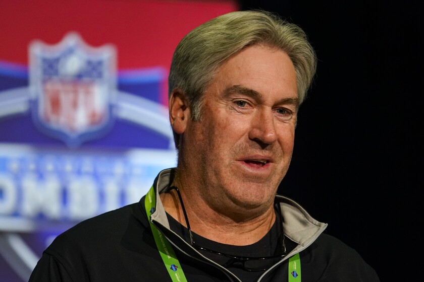 Jacksonville Jaguars head coach Doug Pederson speaks during a press conference at the NFL football scouting combine in Indianapolis, Tuesday, March 1, 2022. (AP Photo/Michael Conroy)