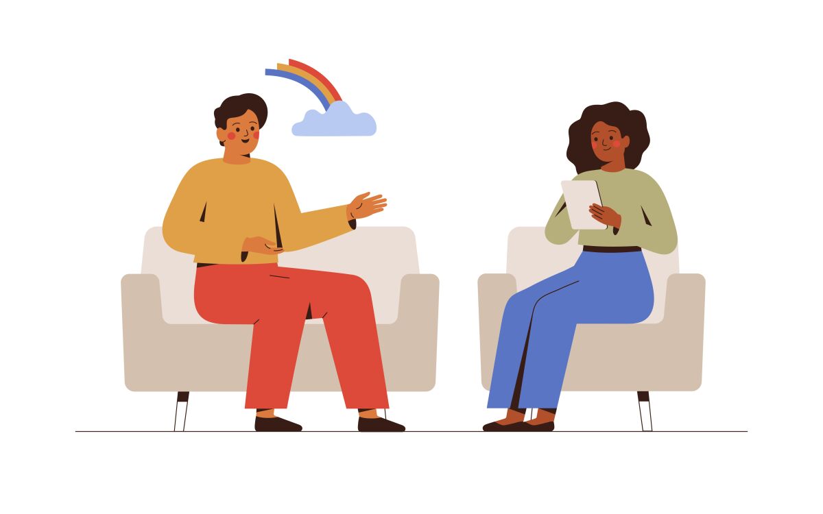 Illustration of two seated people chatting, one under a rainbow image