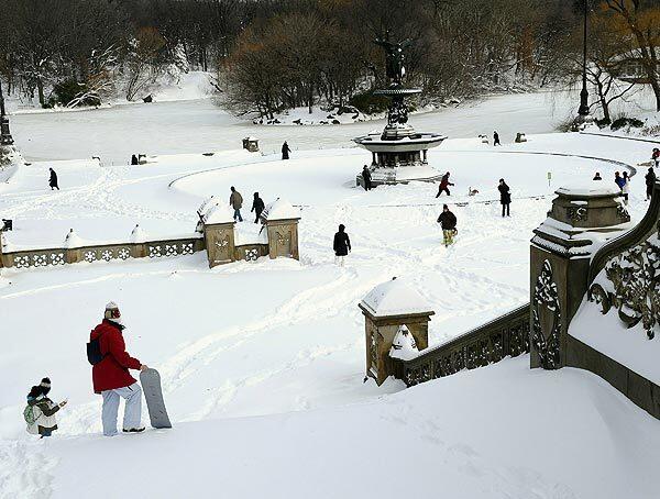 The area around the Bethesda Fountain in New York City's Central Park is a sea of white.