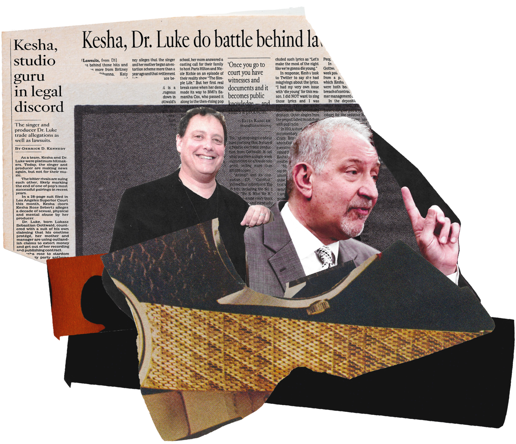 Pieces of photos of Kenny Meiselas and Mark Geragos atop a scanned newspaper page with headline "Kesha, Dr. Luke do battle"