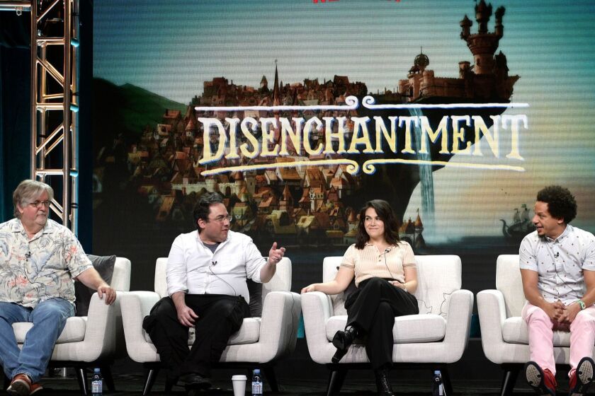 BEVERLY HILLS, CA - JULY 29: Matt Groening, Josh Weinstein, Abbi Jacobson and Eric Andre of 'Disenchantment' speak onstage during Netflix TCA 2018 at The Beverly Hilton Hotel on July 29, 2018 in Beverly Hills, California. (Photo by Matt Winkelmeyer/Getty Images for Netflix) ** OUTS - ELSENT, FPG, CM - OUTS * NM, PH, VA if sourced by CT, LA or MoD **