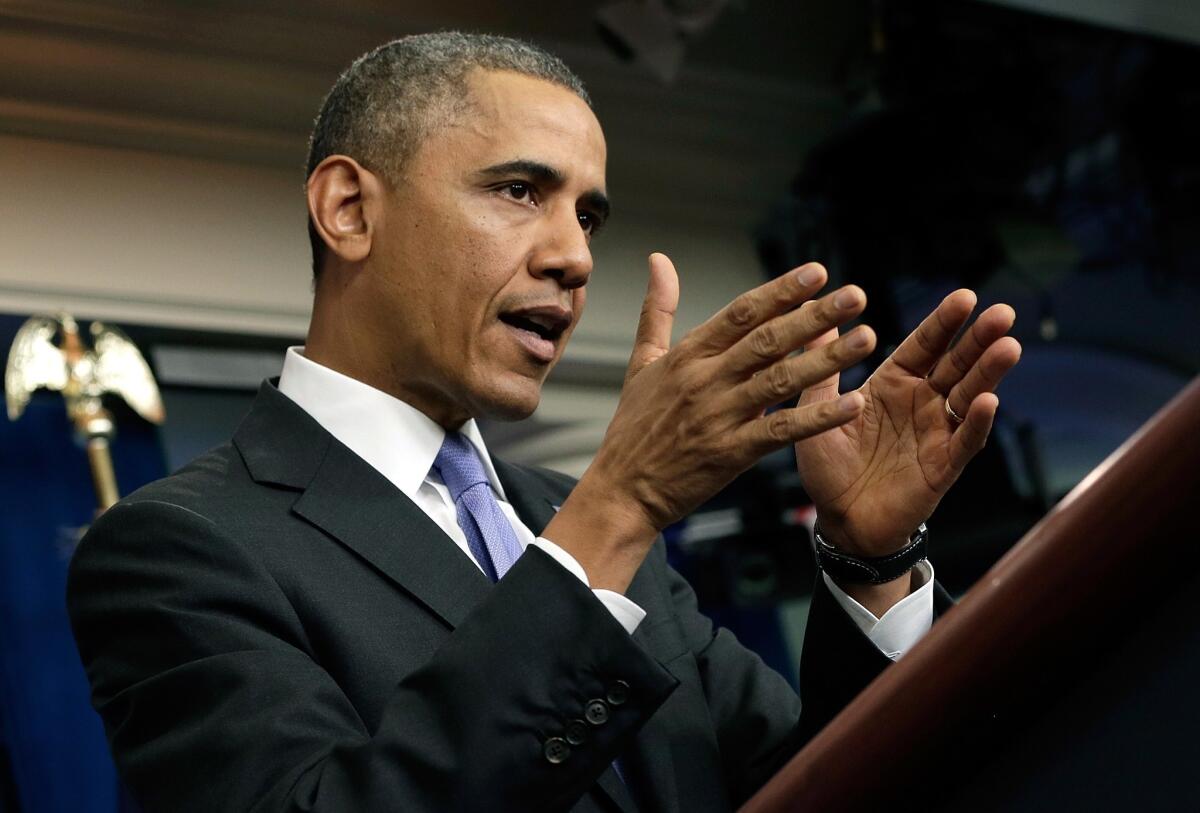 President Obama speaks in the White House briefing room.