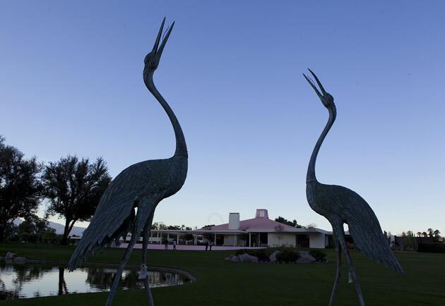 Japanese crane sculptures in silhouette as daylight fades. Information on public tours is posted with our full article on Sunnylands. More photo tours: California homes and gardens Home blog: L.A. at Home