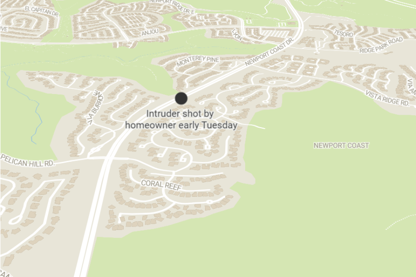 An intruder was shot in an attempted home invasion early Tuesday morning at around 4:45 a.m. Newport Beach police closed off Newport Coast Drive between north Pelican Hill Road and Vista Ridge Road at around 7 a.m.