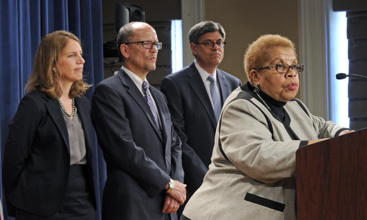 Acting Social Security Commissioner Carolyn Colvin, right, releasing the trustees reports Monday. Behind her, from left, are the other ex-officio trustees of Social Security and Medicare, Health and Human Services Secretary Sylvia Burwell, Labor Secretary Thomas Perez, and Treasury Secretary Jacob J. Lew.
