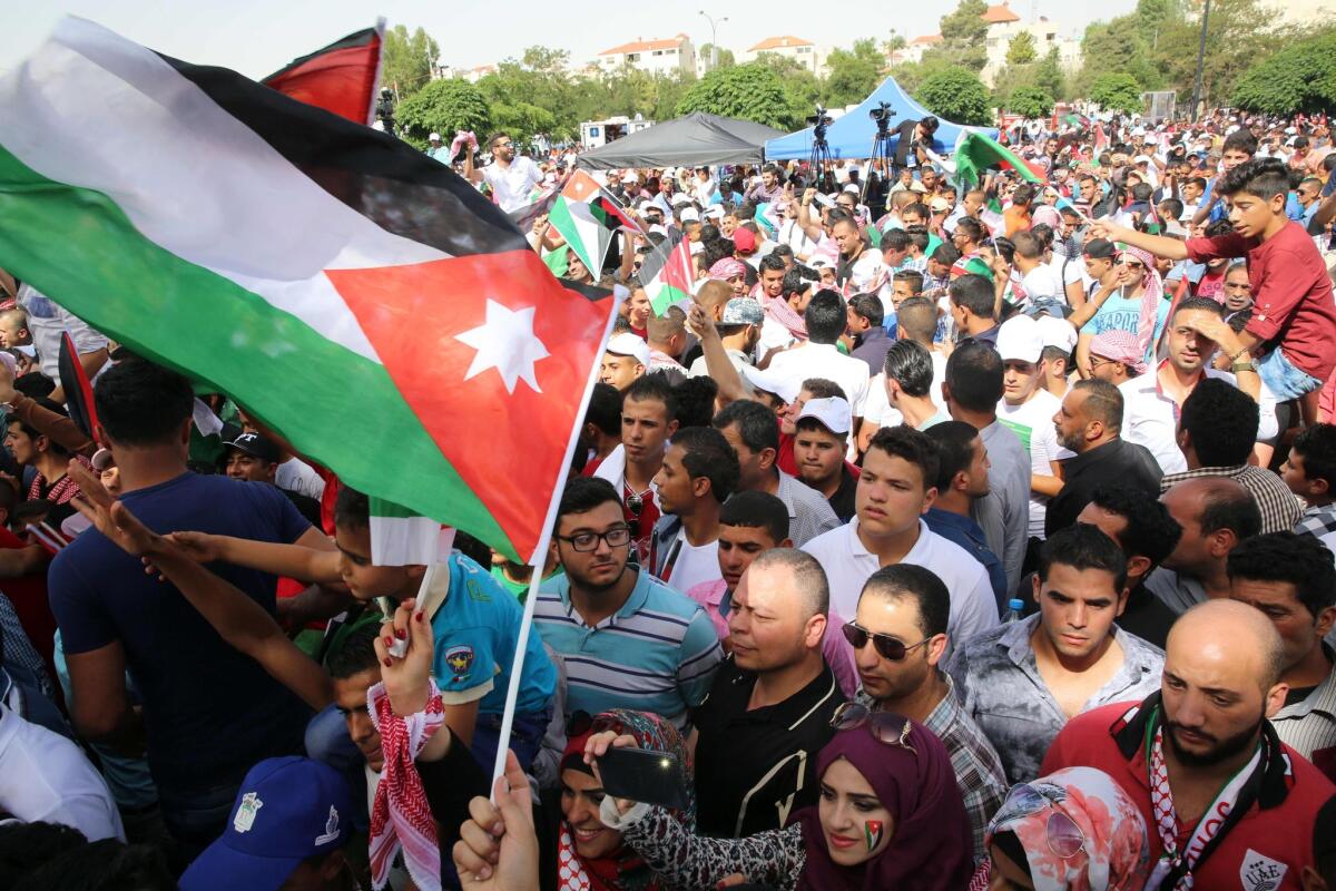 Jordanians gather in Amman on June 3, 2016, to celebrate the centennial of the Great Arab Revolt, which was led by King Abdullah II's great-grandfather.