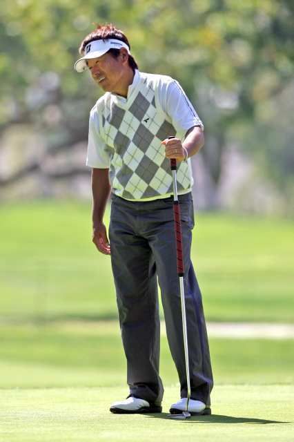 Joe Ozaki of Japan reacts after missing a putt on the 14th hole during the first round of the Toshiba Classic golf tournament at Newport Beach Country Club on Friday.