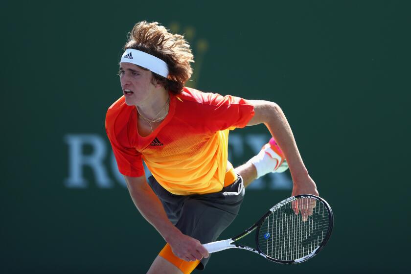 Alexander Zverev in action against Grigor Dimitrov during day seven of the BNP Paribas Open at Indian Wells.