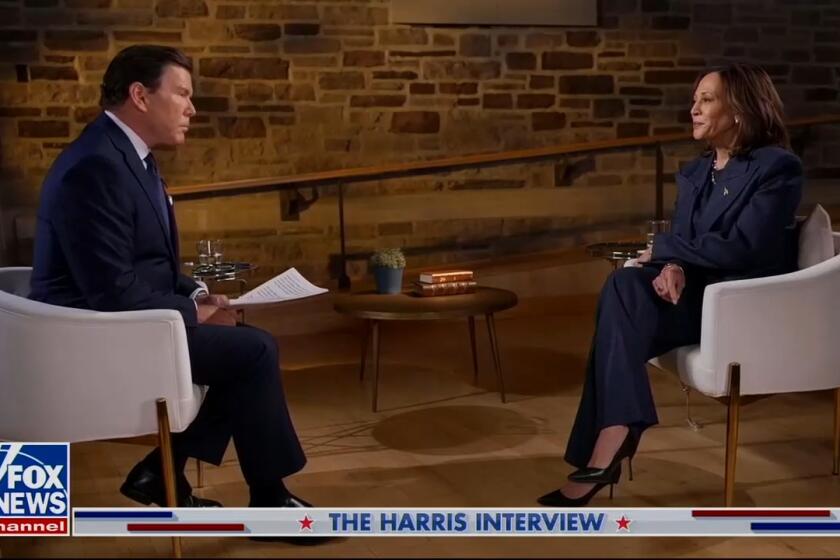 Fox News anchor Bret Baier interviewing Vice President Kamala Harris in Washington Crossing, Pa.