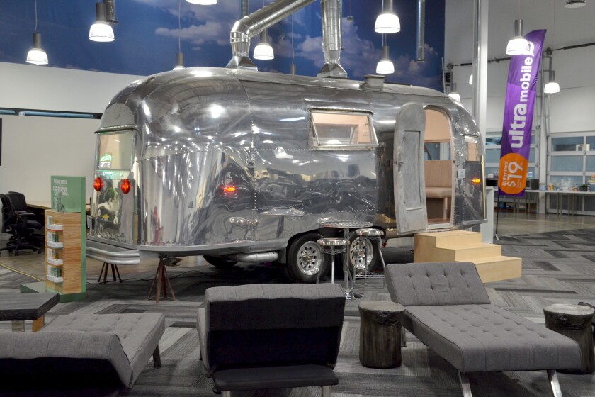 An Airstream is decked out to accommodate a not so serious meeting place inside the Mint Mobile office in Costa Mesa.