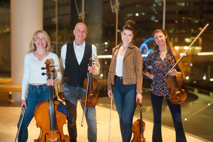Performing as the Highland String Quartet are cellist Erin Breene, violinist Robert Schumitzky, violist Alice Ping and violinist Madalyn ParnasMöller.
