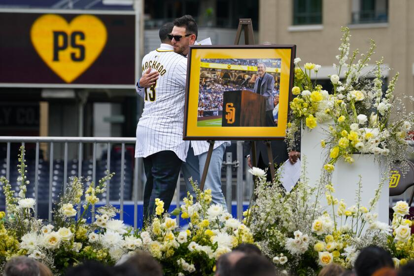 San Diego, CA - March 23: At Petco Park on Saturday, March 23, 2024 in San Diego, Padres Manny Machado and Joe Musgrove both took the opportunity to speak at the public Celebration of Life for Peter Seidler. (Nelvin C. Cepeda / The San Diego Union-Tribune)