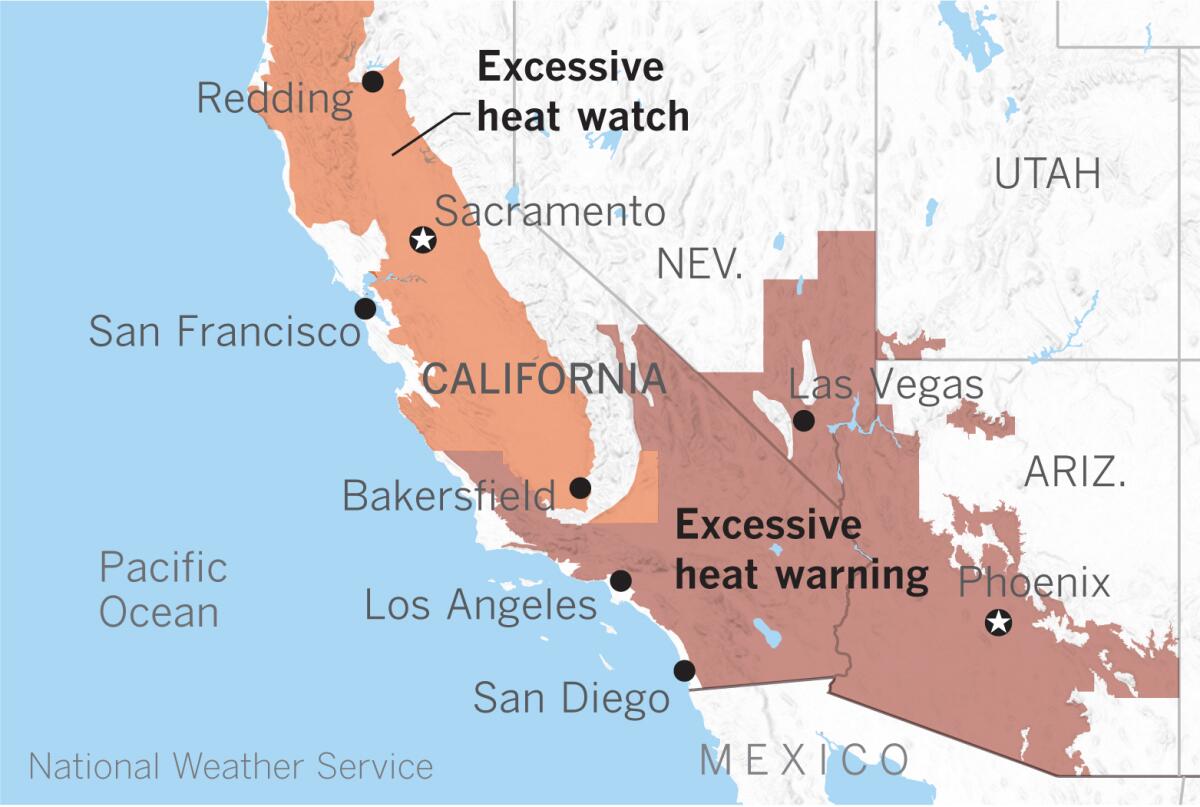 High temperatures and warm nights will cause potentially excessive heat lasting into Tuesday for inland areas.