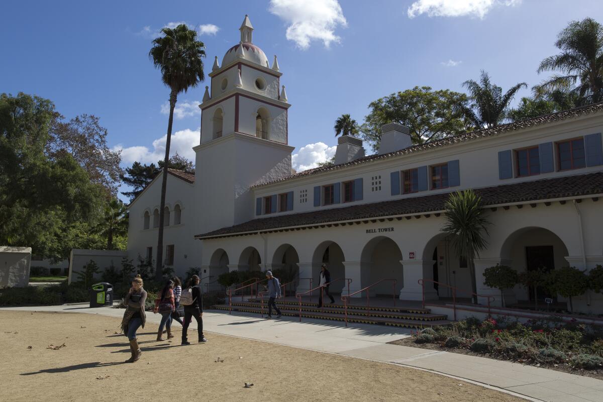 People walk on the Cal State Channel Islands campus 