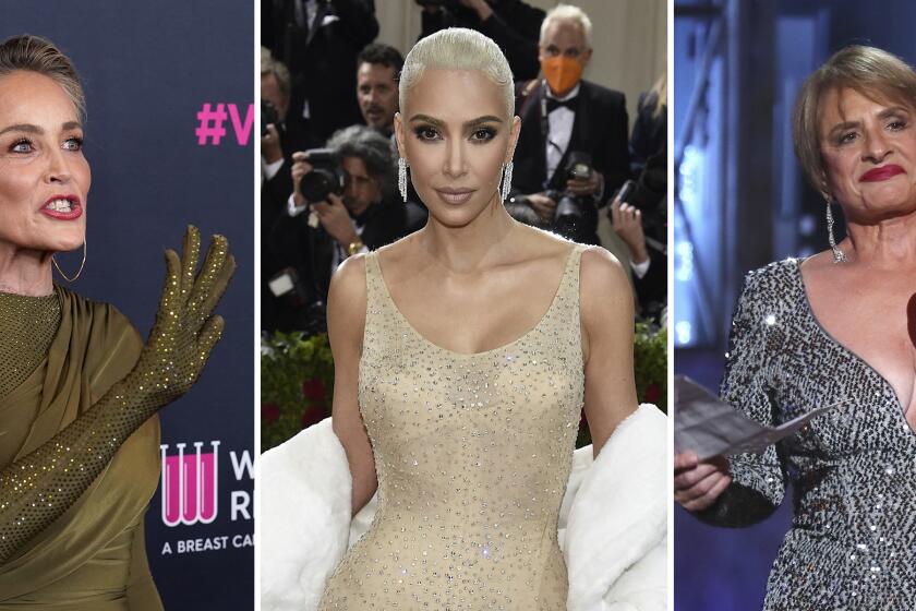 Left, Sharon Stone in March 16, 2023, center, Kim Kardashian in May 2022 and right, Patti LuPone in June 2018.