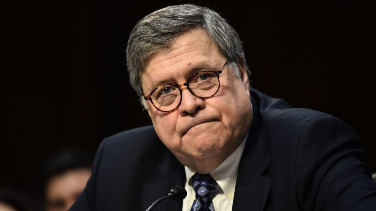 Atty. Gen. William P. Barr testifies during his Senate Judiciary Committee confirmation hearing on Capitol Hill.