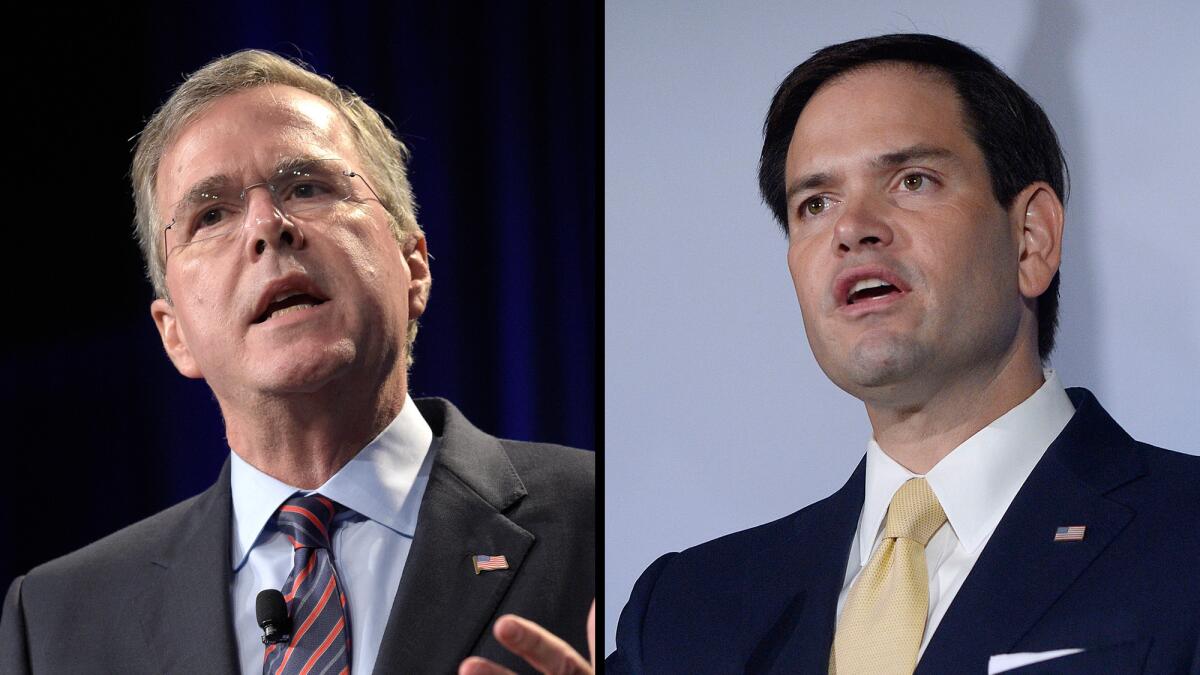 GOP presidential candidates Jeb Bush, left, and Marco Rubio both have had to deal with issues surrounding the Confederate flag during their tenures as public servants in Florida.