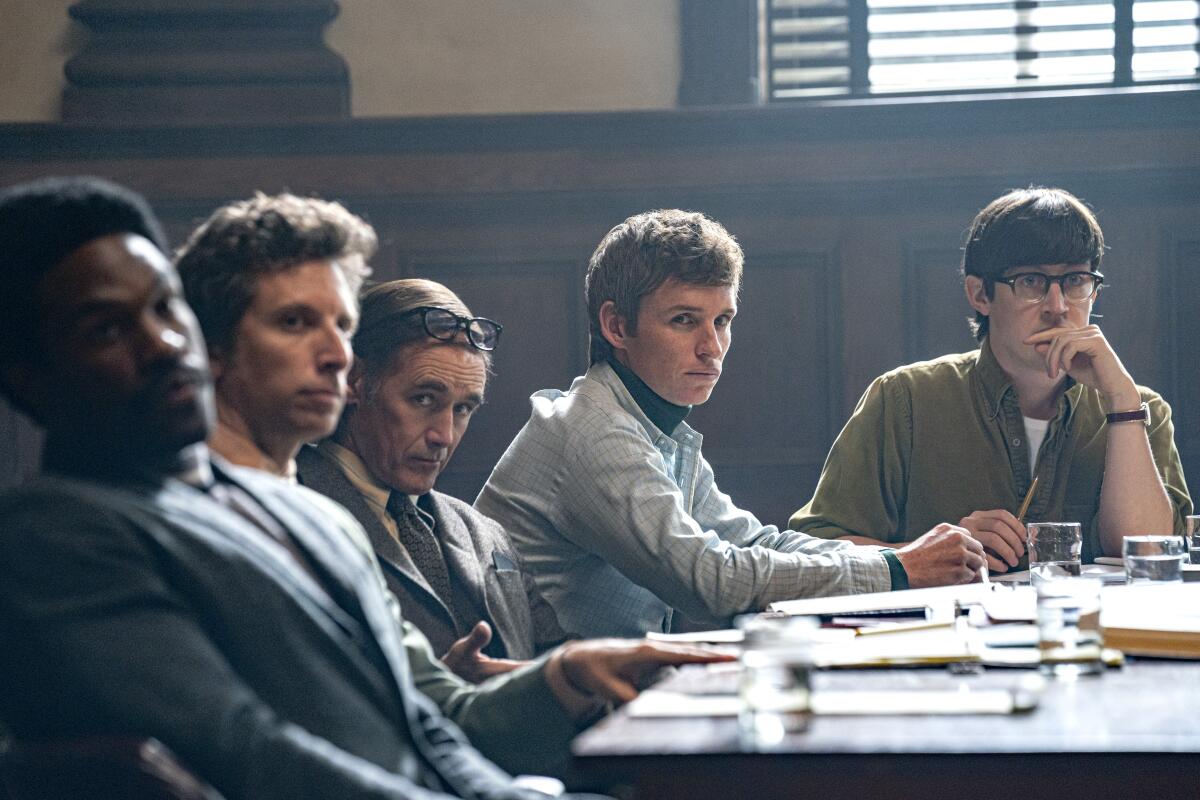 From left, Yahya Abdul-Mateen II, Ben Shenkman, Mark Rylance, Eddie Redmayne and Alex Sharp in "The Trial of the Chicago 7."