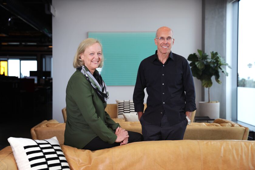 LOS ANGELES-CA-JULY 23, 2019: Meg Whitman, left, and Jeffrey Katzenberg are photographed at their startup Quibi, a digital studio that is creating bite-sized shows for millennials, in Los Angeles on Tuesday, July 23, 2019. (Christina House / Los Angeles Times)