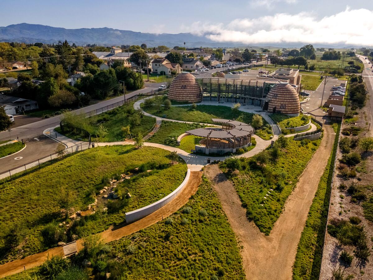 Aerial view of the green and curves of the Sant Ynez Museum Chumash and the Cultural Center.