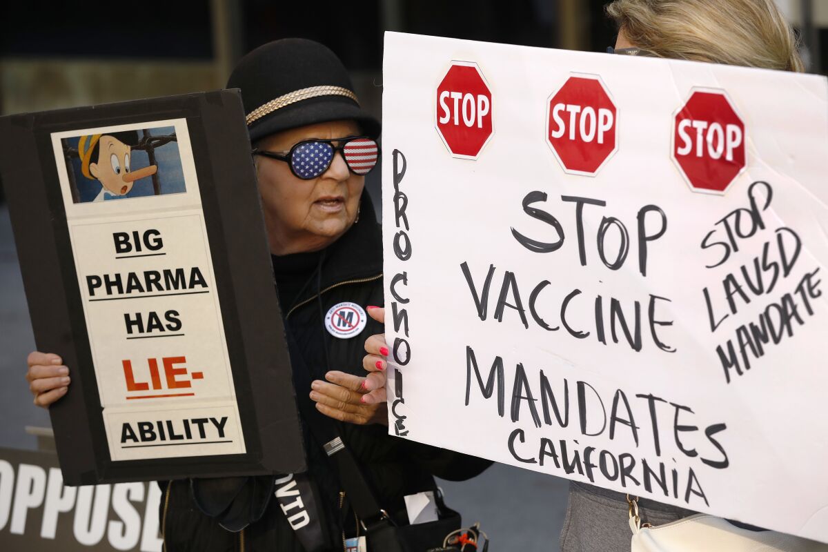 A woman with stars and stripes glasses holds a sign reading "BIG PHARMA HAS LIE-ABILITY." Another opposes vaccine mandates.