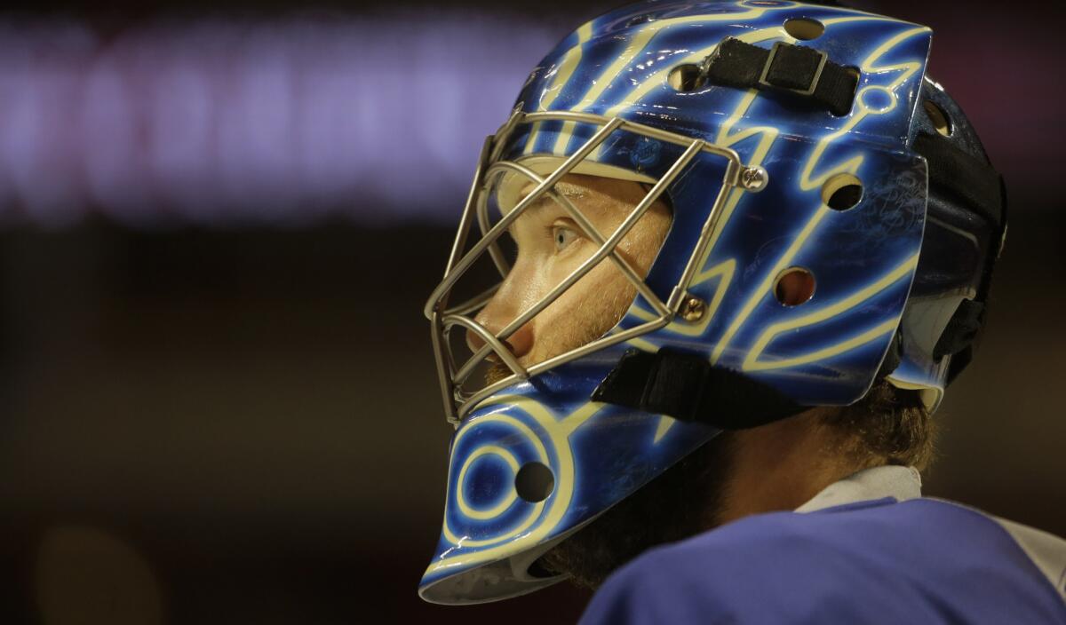 Tampa Bay Lightning goalie Ben Bishop looks on during a morning skate Wednesday at the United Center in Chicago.