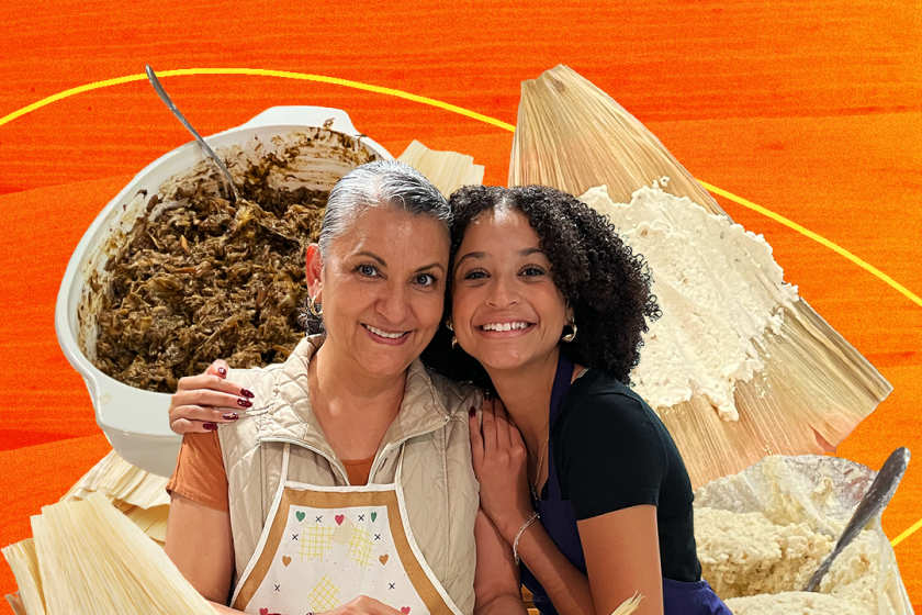 The author and her mother pose while making tamales