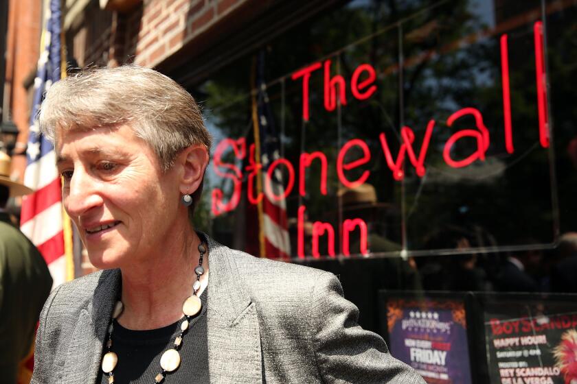 Secretary of the Interior Sally Jewell speaks to the media in front of the Stonewall Inn on Friday after announcing a new National Park Service initiative intended to identify places and events associated with the civil rights struggle of lesbian, gay, bisexual and transgender Americans.