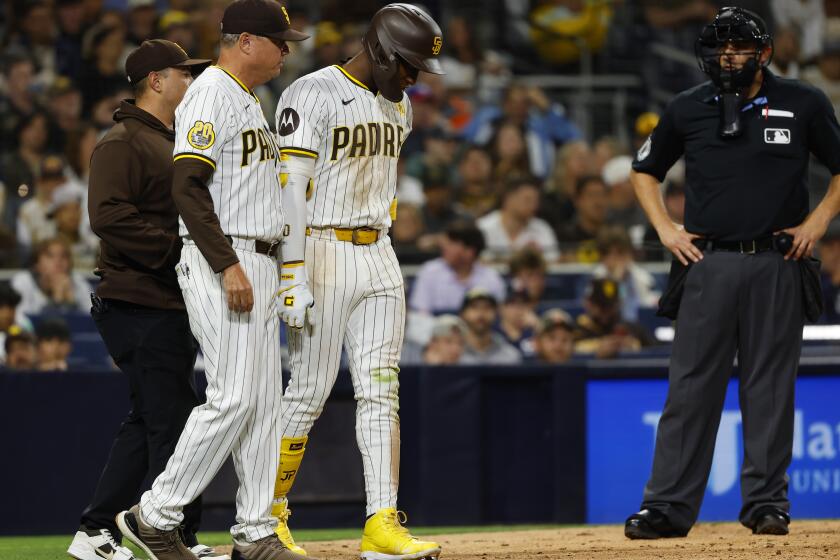 San Diego, CA - June 11: San Diego Padres' Jurickson Profar left the game while batting in the eighth inning against the Oakland Athletics at Petco Park on Tuesday, June 11, 2024. (K.C. Alfred / The San Diego Union-Tribune)
