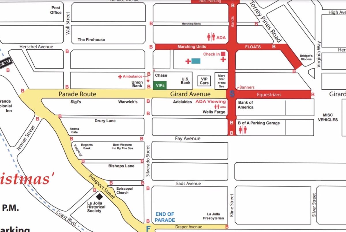 The route for the 2023 La Jolla Christmas Parade, set for Sunday, Dec. 3, is in yellow. 