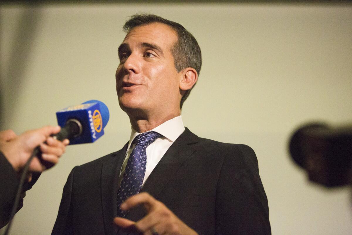 Los Angeles Mayor Eric Garcetti, shown at a news conference in January, is set to deliver his first State of the City speech late Thursday afternoon.