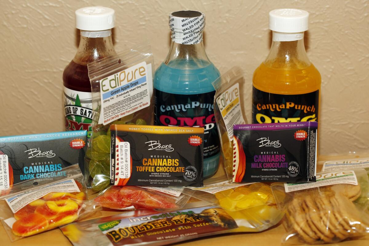 Edible marijuana products on display at a medical marijuana dispensary in Denver.