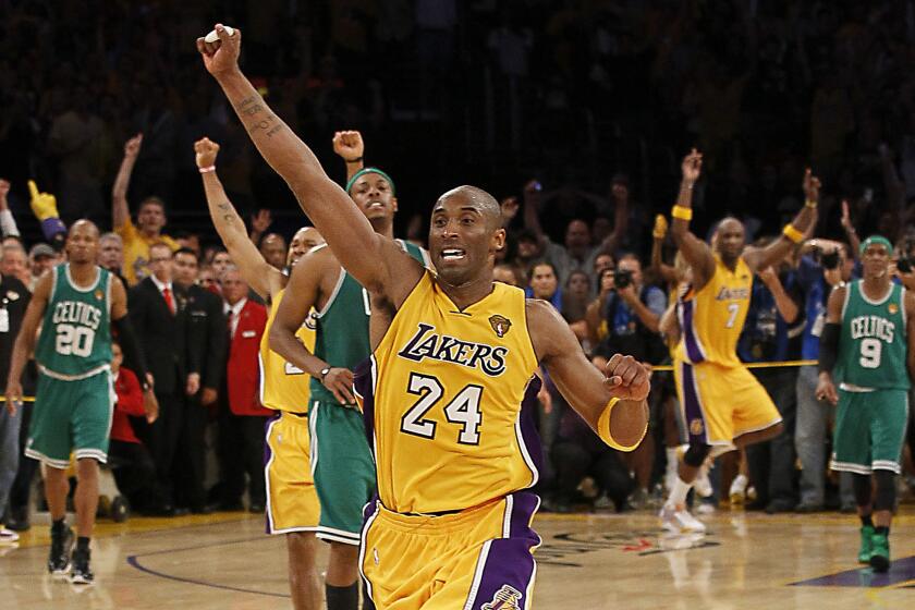 LOS ANGELES, CA, JUNE 17, 2010 Kobe Bryant and the Lakers celebrate a game seven vicory over the Boston Celtics in the NBA Finals at the Staples Center. (Robert Gauthier/Los Angeles Times)